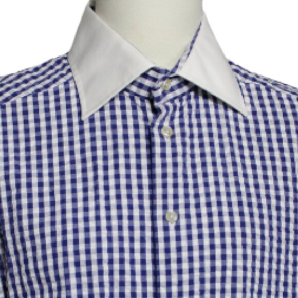 ETON SZ 16.5  Blue & White Gingham Men's Long Sleeve Button Up Shirt - Picture 2 of 7